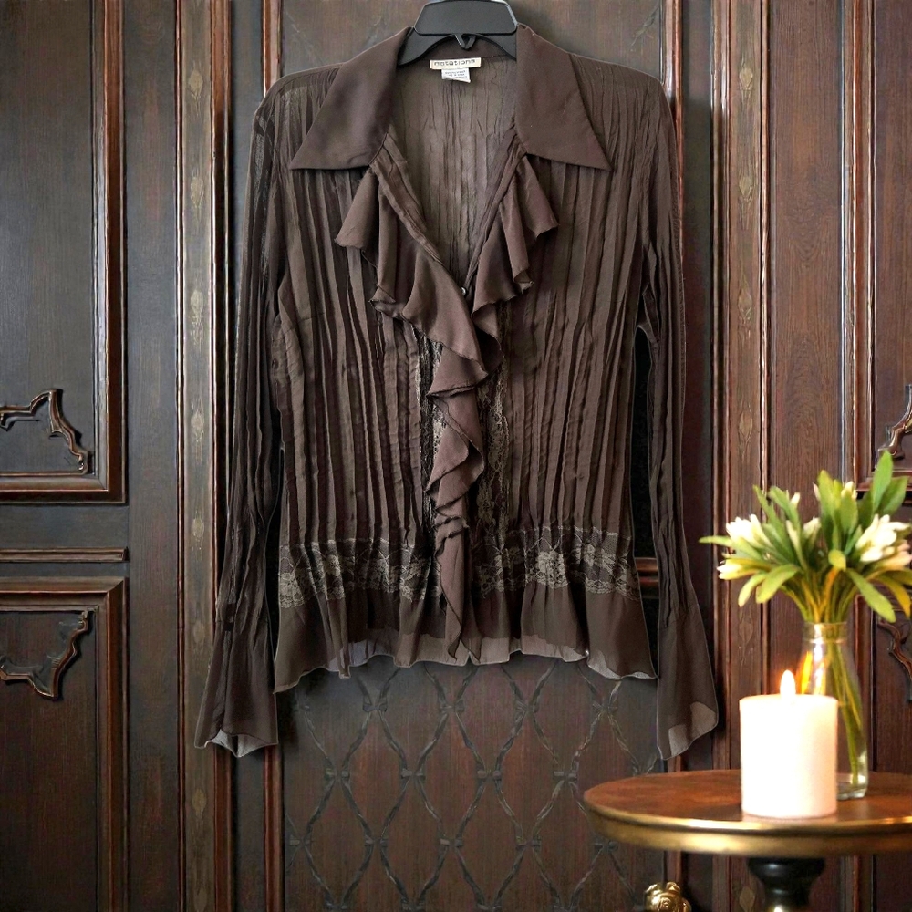Notations Sheer Brown Mesh Blouse Crinkle Fabric Ruffles Bell Sleeve Goth  /L